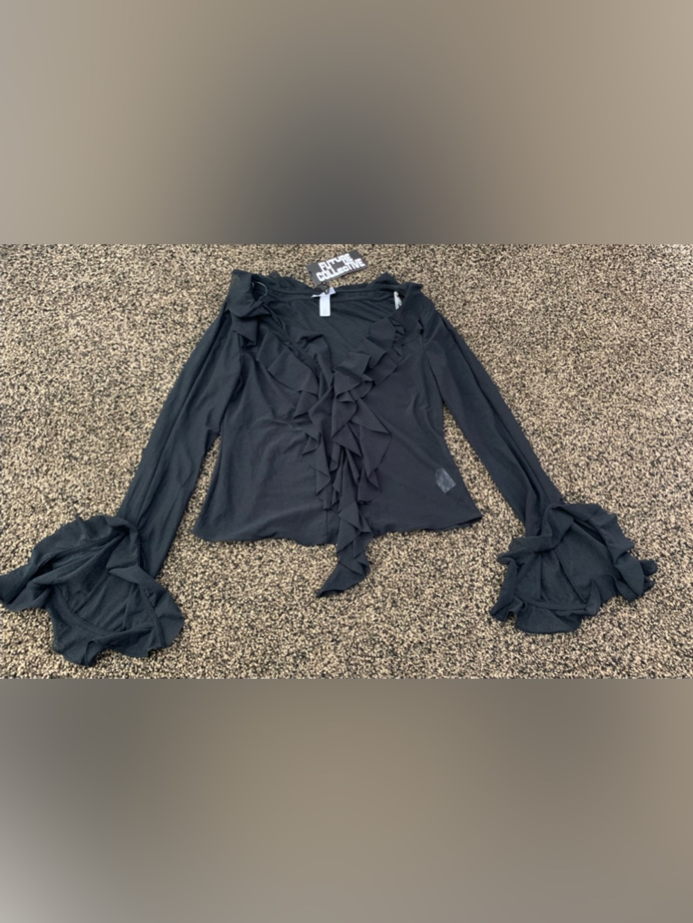 Ruffled V-Neck Long Sleeve Top with ruffle bell sleeves  - Black size XS